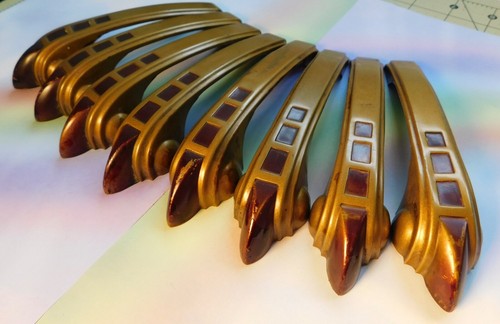 Set Of 8 Art Deco Brass Tone Vertical Drawer Pull Claw Handles w Red Enamel 5.5" - Picture 13 of 24