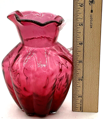 Fenton Cranberry Art Glass Pitcher Small Melon Fern Optic Reed