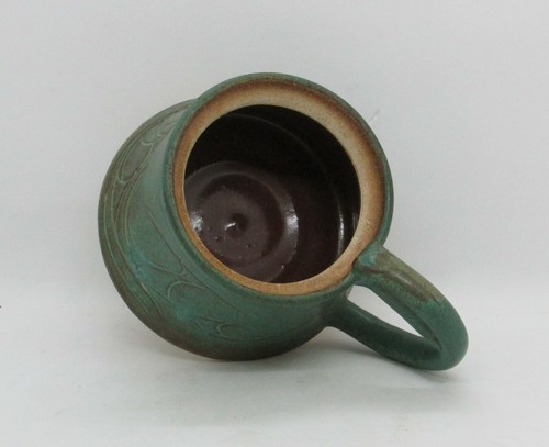 Brilliant Arts & Crafts Lidded Mug -Sculpted Lid & Body -Aged Green Copper Glaze - Picture 5 of 9