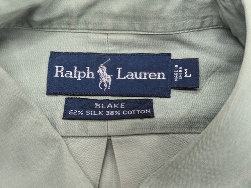 Vintage Ralph Lauren Polo Mens Large Sage Green LS Silk Blend  Shirt Blake Fit - Picture 2 of 12