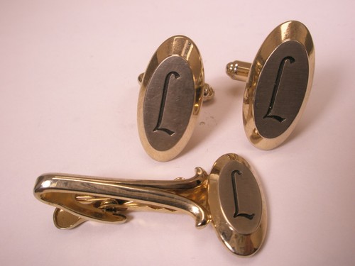 L Monogram Initial Letter Vintage HICKOK Cuff Links & Tie Bar Clip set larry lan - Picture 1 of 11