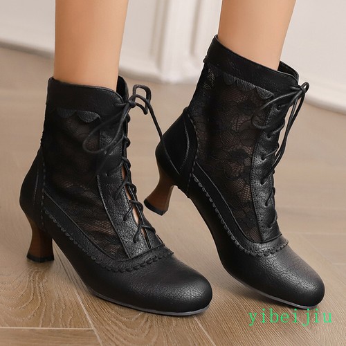 Damen Pfennigabsatz Schnürstiefelette Flügelspitze Brogue Schuhe Vintage Frühling Herbst - Bild 11 von 29