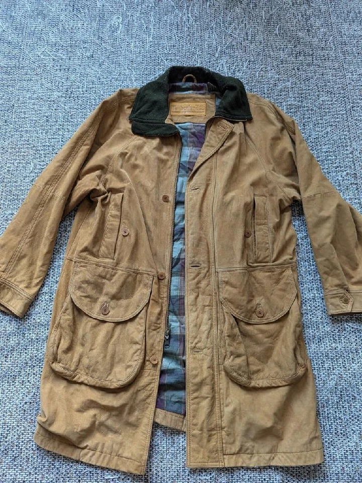 vintage 1990s leather parka TIMBERLAND duster coat L brown SUEDE nubuck wheat - Image 2 of 4