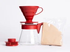 Hario V60 Pour over Coffee Starter Set: Size 02 Dripper (Red) + Carafe + Filters