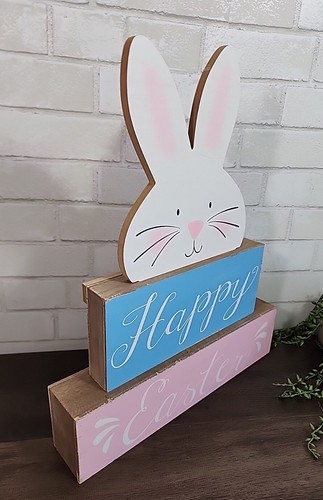 Osterhase Hase Holz Block Schild Tischplatte Dekor 19,5" rosa blau Frühling NEU - Bild 3 von 6