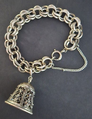 Grobes 925 Sterlingsilber Bettelarmband mit Sterling filigran Glocke Charm 8"
