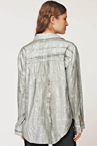 Anthropologie Blouse XXS PILCRO Metallic FOIL SHINE Buttondown Green Shirt NWT - Picture 5 of 6