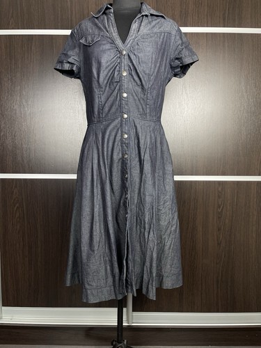 VTG Miss Sixty Midi Jean Shirt Dress Dark Blue Logo Size L V-neck flared skirt - Picture 3 of 14