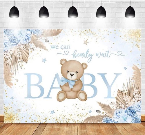 Boy Bear Blue Boho Pampas Grass Backdrop 7'x5' We Can Bearly Wait Banner - 第 3/3 張圖片