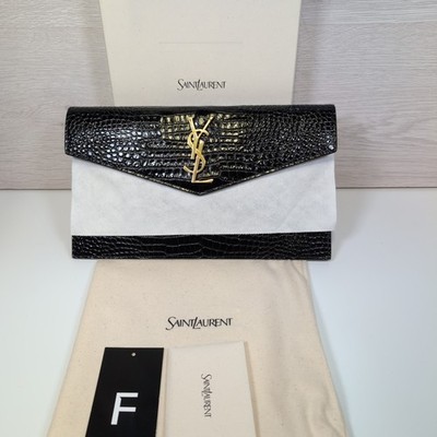 Saint Laurent Uptown Croc Embossed Medium Pouch Clutch Schwarz Gold Neu in OVP