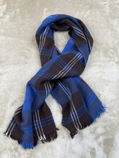 Vintage Retro Soft  Cozy Fringy Blue Brown White Plaid Scarf 46"x12" Classy