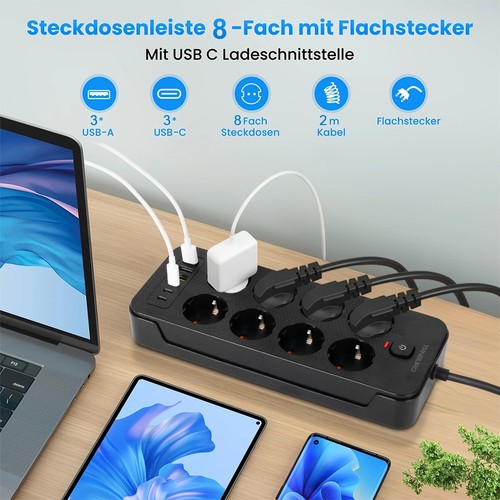 Regleta de enchufes 8 compartimentos con 6 USB enchufe múltiple enchufe regleta de alimentación cable de 2 m - Imagen 6 de 14