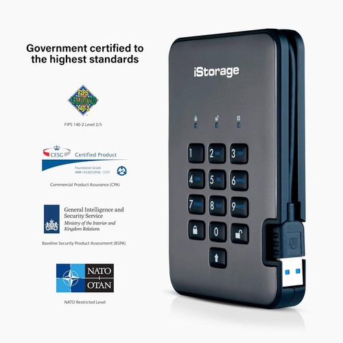 iStorage diskAshur PRO2 500GB Secure Encrypted Hard Drive 256-bit USB 3.2 - Afbeelding 8 van 10