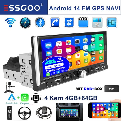 1 Din 6.9 Zoll Apple CarPlay Autoradio Android 14.0 GPS Navi WIFI RDS FM 64G DAB - Bild 1 von 13