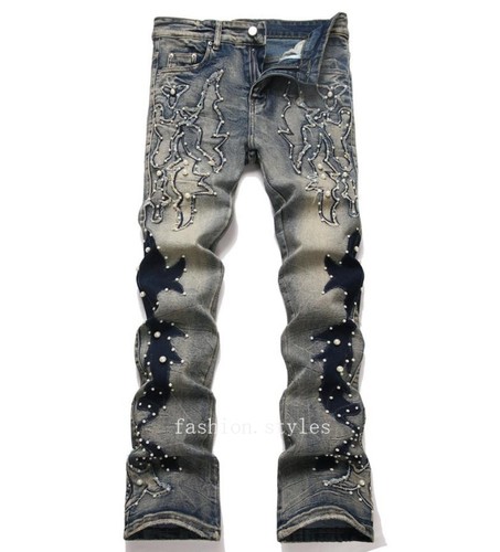Jeans uomo retrò blu denim perline decorazione gamba dritta punk hip hop moto - Foto 11 di 25