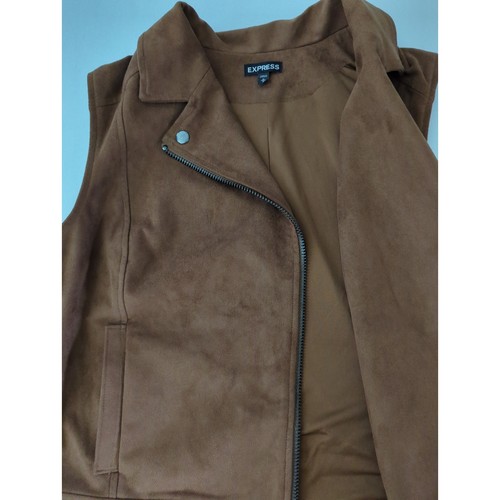 Express Vegan Suede Tan Fitted Moto Full Zip Vest Women's Size M - Picture 4 of 7