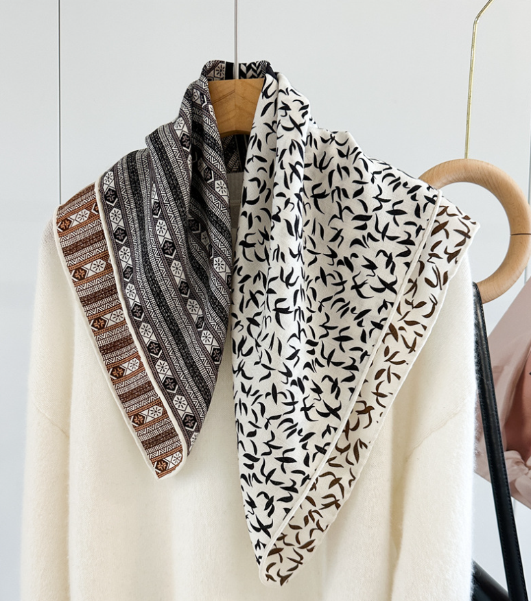 70% Cashmere 30% Silk Brown White Grass Print Wrap Scarf Shawl 65x65cm New