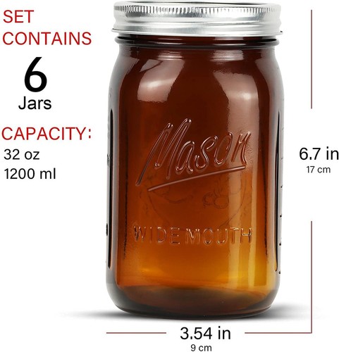 Amber Glass Mason Jars 32 oz Wide Mouth with Airtight Lids and Bands 6 Pack, ... - Picture 4 of 7
