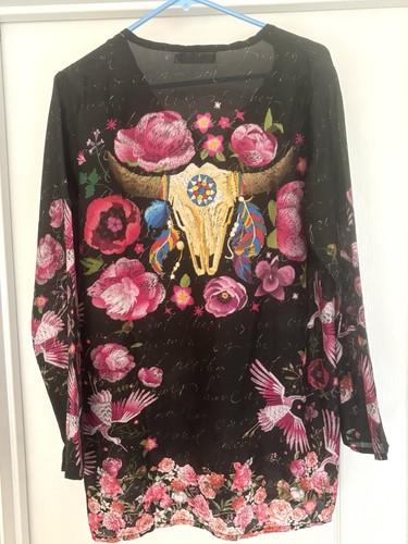 Blusa túnica Johnny Was Nerissa 100 % seda floral cuerno largo calavera talla pequeña - Imagen 3 de 5