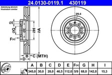 2x Disco de freno ventilado 24.0130-0119.1 ATE para AUDI A4 B6 A4 B6 Avant A4 B7