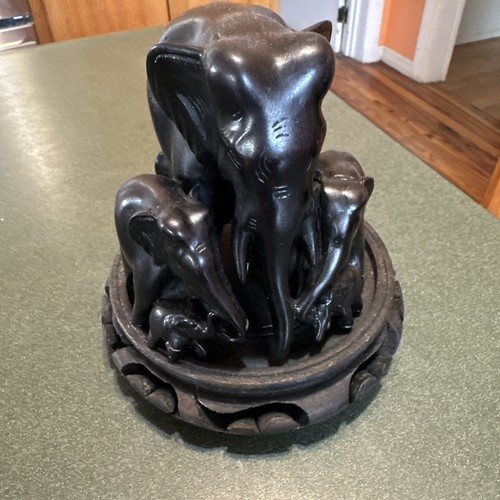 Vtg Thai Asian Elephant Dark Carved Wood Family Circle Statue & Stand Heavy 5.5” - Picture 3 of 12