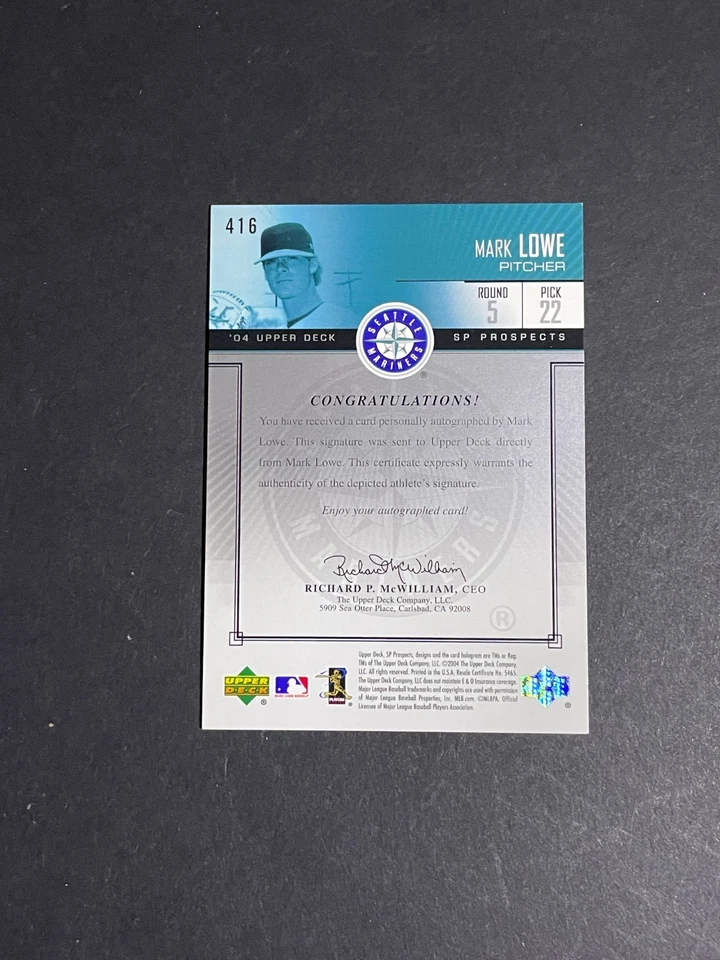 2004 SP Prospects Auto Draft Picks Mark Lowe #/400 Rookie Auto Card #416 - Image 2 of 2