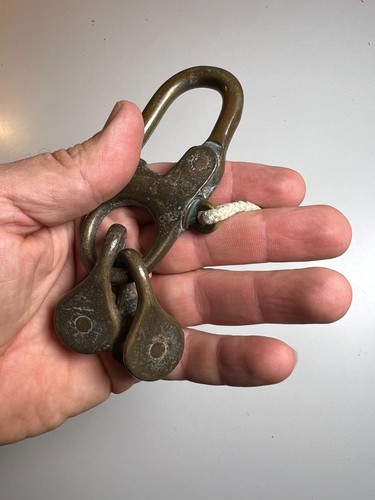 Bloque de polea marina de doble polea de latón antiguo vintage con gancho giratorio náutico - Imagen 6 de 12