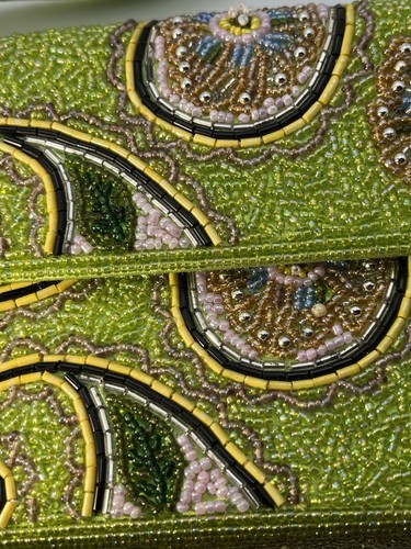 Lustige Groovy Barse Perlen Handtasche mit Riemen 8" x 5" grün mit rosa Paisley Hippie Boho - Bild 5 von 16