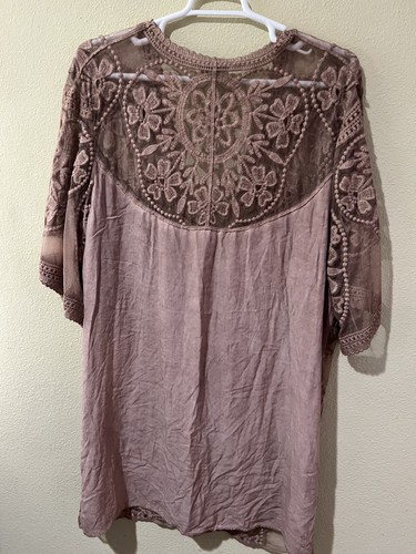 Umgee Kimono XL Brown Tan Mesh Sheer Floral Embroidered Duster Short Sleeve a2 - Picture 3 of 5