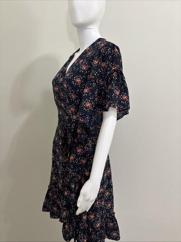 NWT $138 Max Studio Dark Navy Red Floral Ruffle Waist Tie Wrap Dress Sz M - Picture 6 of 8