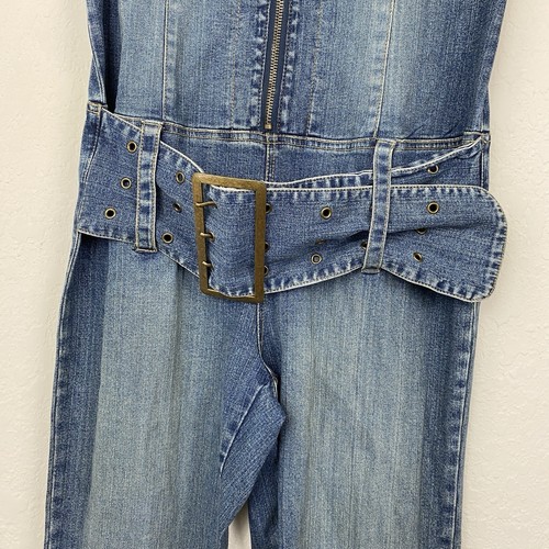 Tuta denim Y2K Misdemeanor L gamba svasata blu tuta cintura grossa vintage anni 90 - Foto 6 di 10