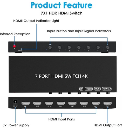7 Way HDMI Switch 4k@60Hz HDMI Switcher 7 in 1 Out HDCP 2.0 Manual HDMI 2.0 Hub - Picture 4 of 6