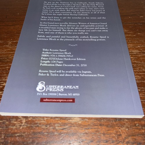 Resume Speed by Lawrence Block - 2016 PB Advance Uncorrected Proof Subterranean - Picture 9 of 9