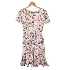 Calvin Klein Women's Short Sleeve Ruffle Hem Tie Belted Dress Pink Size 10