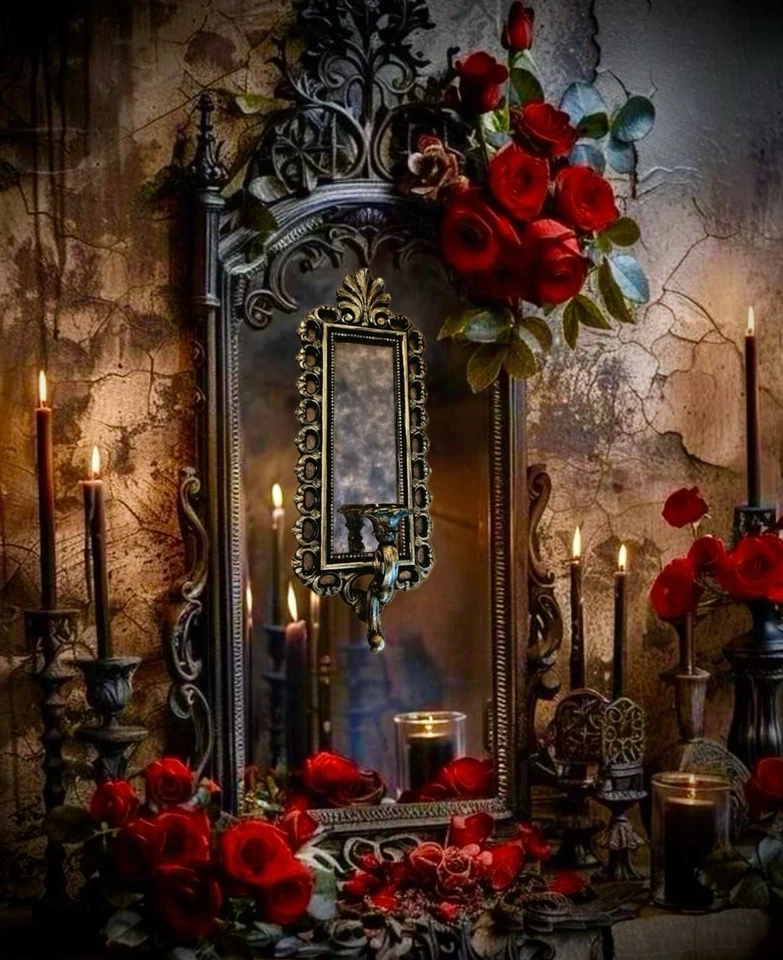 VTG French FleurDeLis Victorian Gothic Style Wall Magic Mirror Decoration Sconce - Image 3 of 4