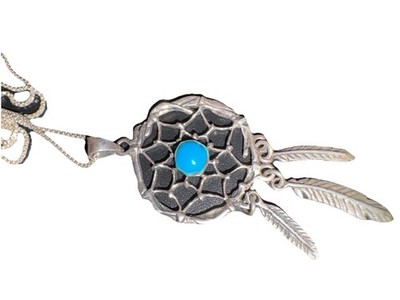 Dreamcatcher Vintage Navajo Turquoise With Feathers Sterling Silver 925 Pendant