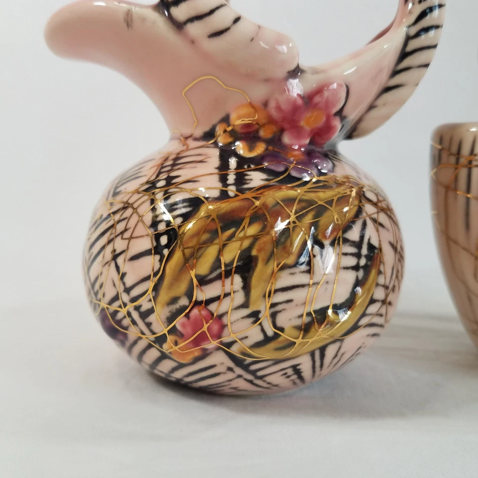 Juego Hull Pottery Blossom Flite 1955 olla de miel T1 cesta con mango T2 oro rosa 6" Foto 2 de 4