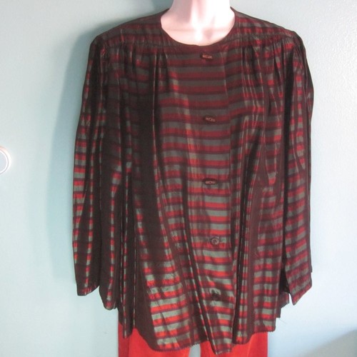 Vintage Womens Size L Silk Striped Shirt Jacket Handmade Raw Silk Button Front - Picture 7 of 12