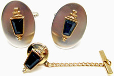 Vintage Gold Lantern Cufflinks Tie Bar Set Black Onyx Inlay Men's Formal Wear