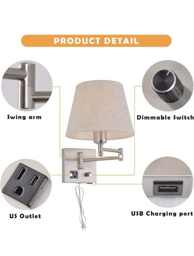 Wall Mount Light Beside Dimmable Switch And Outlet Swing Arm Fabric Shade Lamp - Picture 4 of 8