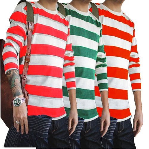 Mens Long Sleeve Stripe T-Shirt New Casual Classic Fit Crew Round Neck Tee Tops - Picture 6 of 15