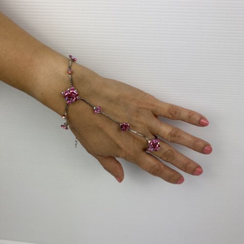 Red Jewelled Slave Bracelet Linked Finger Ring, Fashion Costume Jewellery Gift - Picture 10 of 15