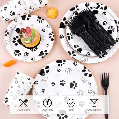 121 Pieces Black Paw Print Party Supplies Dog Birthday Tablecloth Plates Napkins - Picture 4 of 7