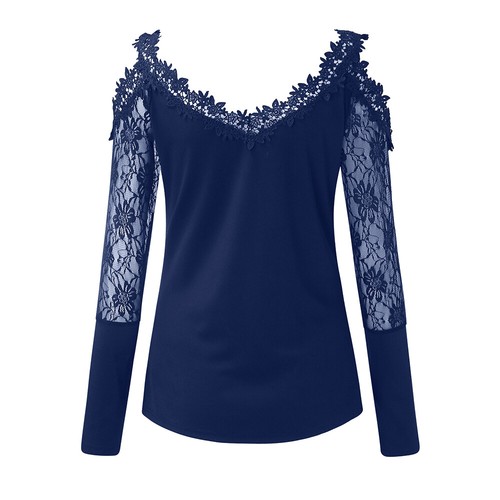 Women Sexy Lace Cold Shoulder T Shirt Tops Ladies Long Sleeve Gothic Punk Blouse - Picture 14 of 17