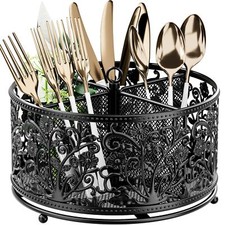 360 Rotating Utensil Caddy 4 Compartment Metal Flatware Organizer Black