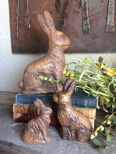 Set of 3 ~ Primitive Chocolate Bunny Rabbit Resin Mold Figurines ~ 3', 5", 8" - Picture 2 of 12