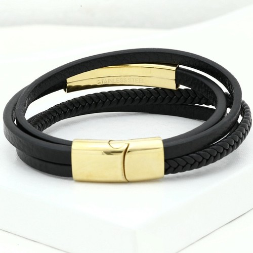 Men 8"Stainless-Steel,Black Braided.Leather Magnetic Bracelet,Gold plated BOX - Picture 2 of 4