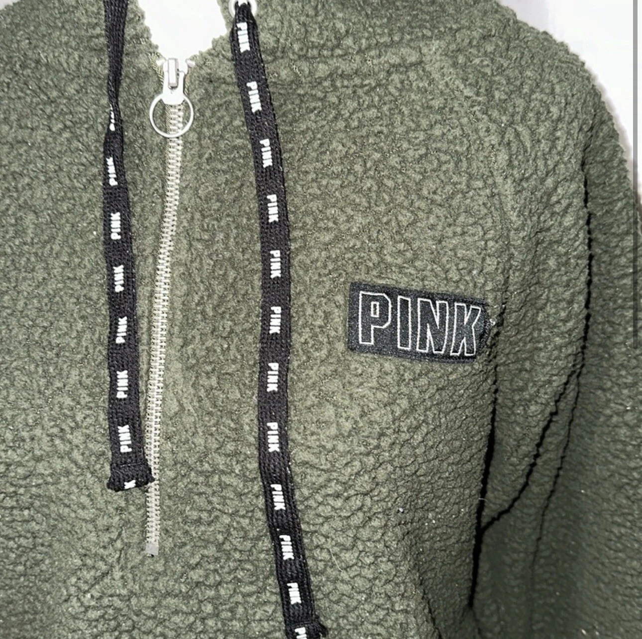 UNDERCOVER felpa sherpa mezza zip verde cacciatore ROSA Victoria's Secret oversize taglia xs