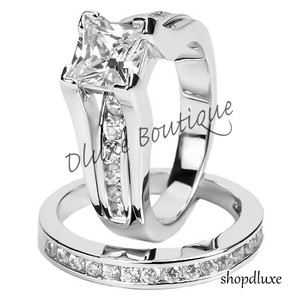 Women-039-s-925-Sterling-Silver-Princess-Cut-CZ-Wedding-Ring-Set-Size-5-6-7-8-9-10