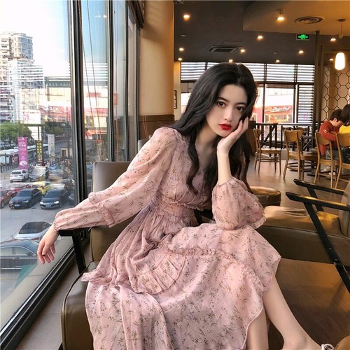 Clothing Dress Print Korean Style Fashion New Long Sleeve Autumn Chiffon Pink - Picture 11 of 14